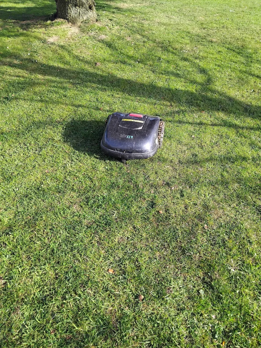 Robot tondeuse réparé par VIFIX, dans l'herbe